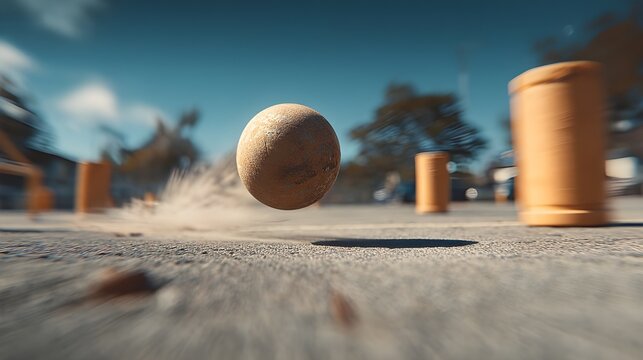 A vibrant rubber kickball gracefully bounding through the air, captured in stunning slow motion.