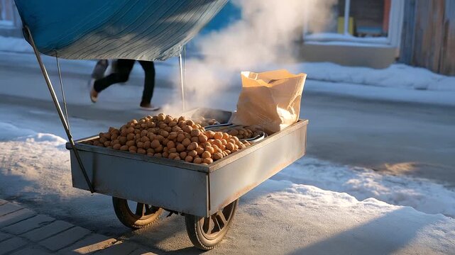 Urban winter activities unfold as a vendor sells roasted nuts from a metal cart its wheels rusted on a snowy sidewalk its concrete cracked. A paper bag its edges creased holds