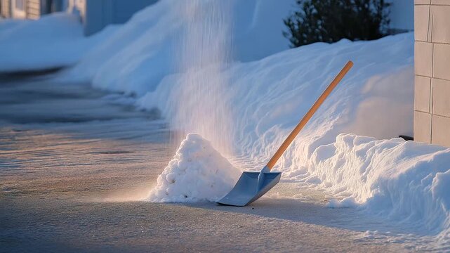 Urban winter activities unfold as a street its asphalt slick with ice hosts a pop up snow sculpture contest now deserted. A half finished snow figure its surface lumpy stands