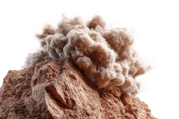 Erupting volcano rock with explosive smoke and ash cloud, cut out