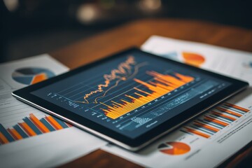 Digital financial graph displayed on tablet shows business data with visual representations of trends and patterns during a meeting