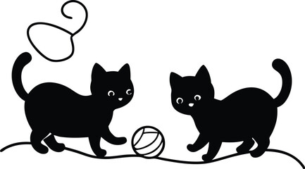 cute kittens playing with yarn balls in garden illustration on transparent background