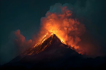 Fototapeta premium Nature's Power: Witness the Intense and Fiery Volcano Eruption Glow Illuminating the Night Sky.