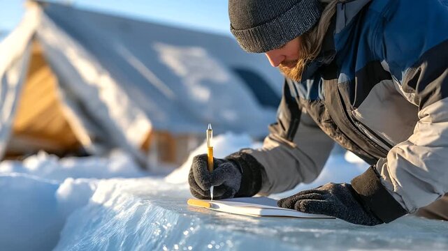 A scientist their gloves thick tests ice strength with a probe its metal tip piercing the surface. A notebook its pages creased records data. A canvas tent its pegs buried