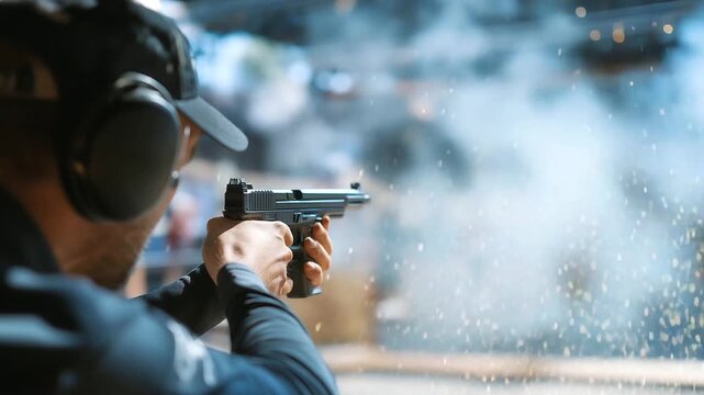 A shooter aims at a steel target in an outdoor range with plates ringing dust swirling a timer ticking and spectators cheering shown in a dynamic photo with metal clangs dust