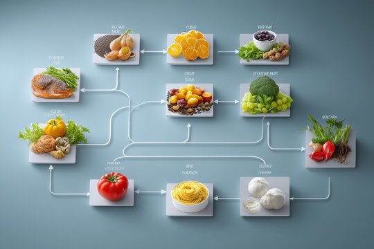 Food safety mind map flowchart concept illustrating connections between various food items and their safe handling practices
