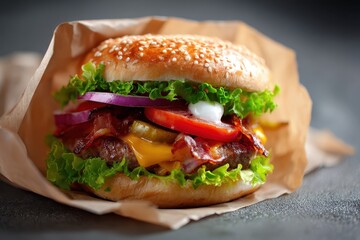 Gourmet burger wrapped in takeaway paper with fresh ingredients ready for a delicious meal experience at a casual dining spot