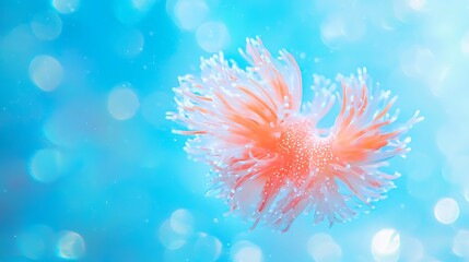 Fototapeta premium A delicate orange coral glows vibrantly against a soft blue bokeh background