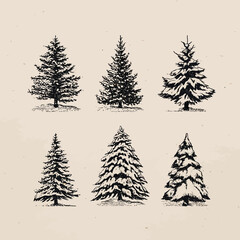 Obraz premium Six sketched Christmas trees in varying shapes and densities on a tan background