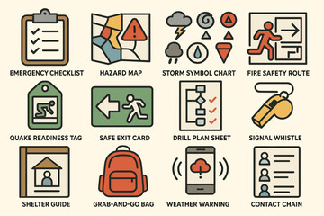 Obraz premium Disaster preparedness icons: emergency, hazard, safety route, shelter guide, weather warning