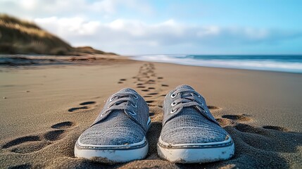 Footprints in sand lead to shoes on beach, ocean waves and dunes in background