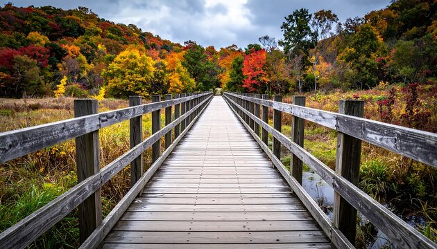 Autumnal wooden bridge path - Powered by Adobe