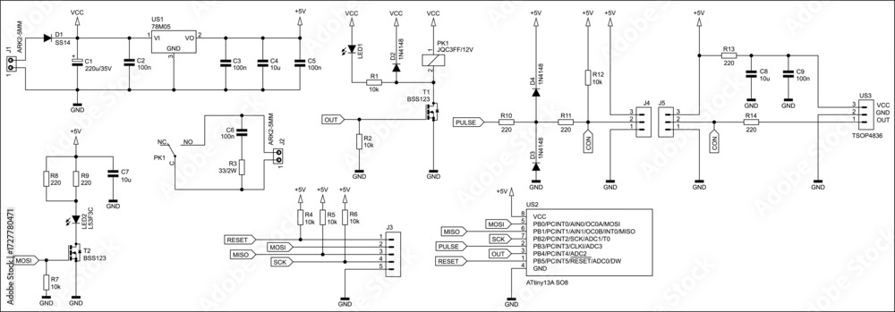 Aufkleber schematic diagram of electronic device on paper sheet. vector drawing electrical circuit with microc