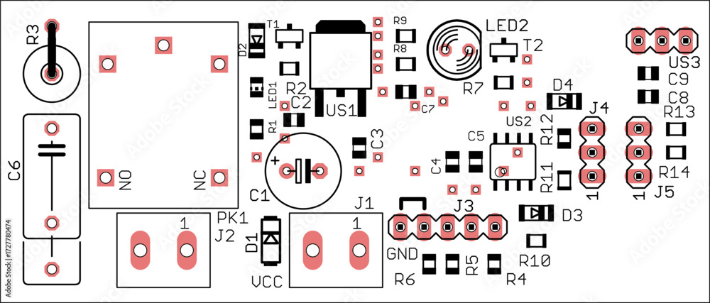 Poster placement of components of radio elements (contact pads and seats) on printed circuit board of elect