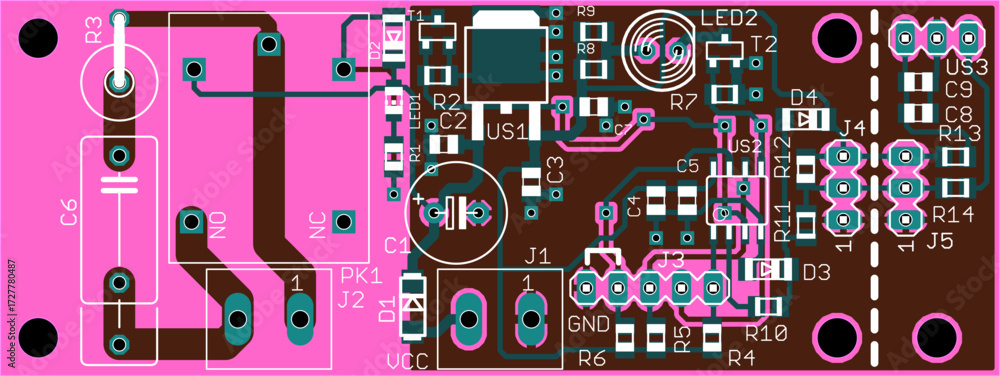 Poster vector printed circuit board of electronic device with components of radio elements, conductors and 