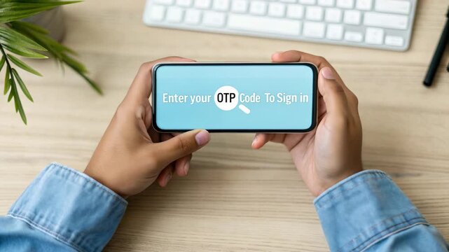 Person holding phone displaying enter your otp code to sign in message on screen at desk view