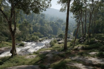 A tranquil mountain stream cascades through a lush, verdant valley, dappled in sunlight.