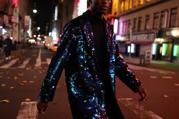Stylish man in sequined coat walking at night.