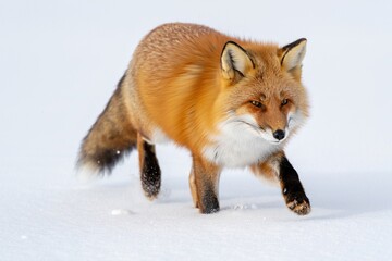 Obraz premium Red fox walking in snowy terrain, looking towards the camera.