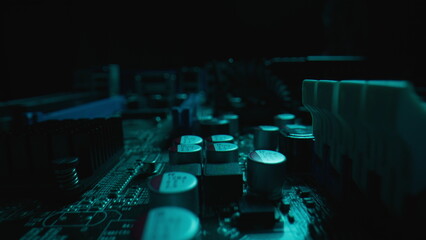 Circuit board managing electricity in industrial lab closeup. Macro capacitors 