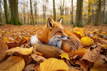 Fototapeta premium Resting fox in colorful fall foliage. 