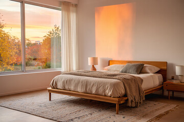 Cozy bedroom with autumn view from the window at sunrise.