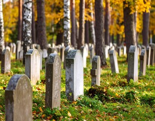Autumnal cemetery scene with numerous gravestones