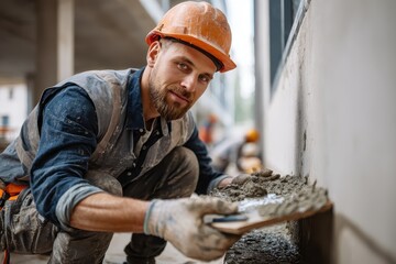 Construction worker applying mortar with trowel at building site during daylight hours