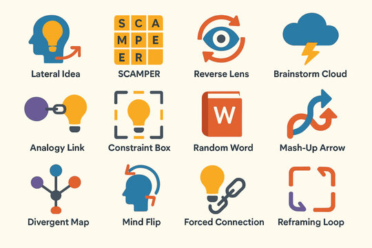 Creative thinking tools icons: lateral idea, scamper, reverse lens, more