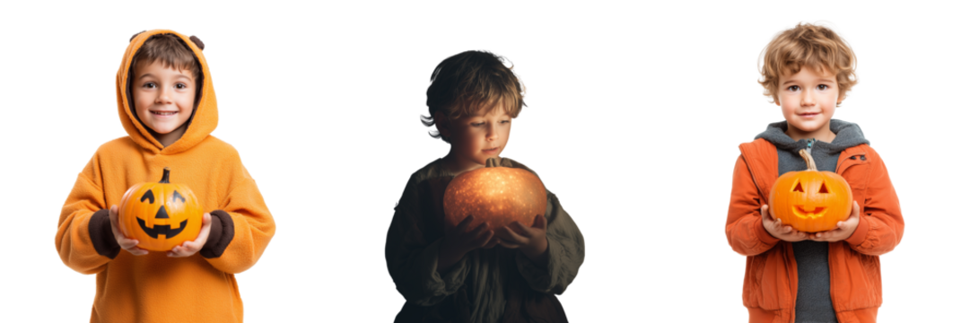 Set of A cheerful child wearing a spooky Halloween costume holding a carved pumpkin on transparent png background. Ai generated - Powered by Adobe