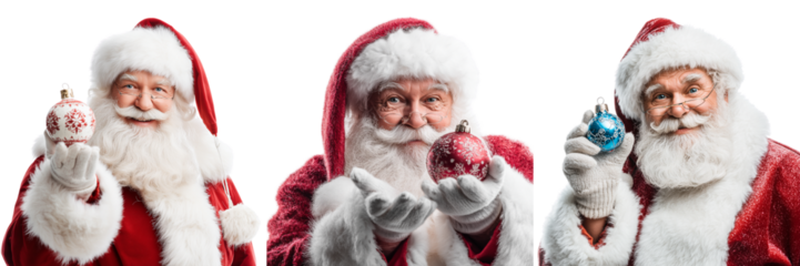 Set of Cheerful Santa with Christmas decorations in a winter scene on transparent png background. Ai generated