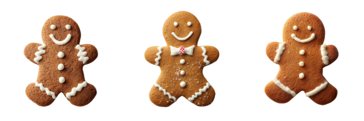 Set of Traditional gingerbread man decorated with icing buttons on transparent png background. Ai generated