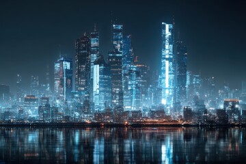 Futuristic virtual metaverse city showcasing towering skyscrapers and glowing lights reflected on water at night