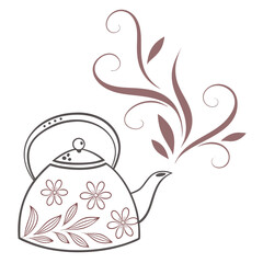 A charming decorative illustration of a vintage teapot with floral patterns and swirling steam perfect for tea time or kitchen decor