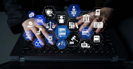 Law icons illustrate justice, court, and regulation system. Law represents fairness, law supports...