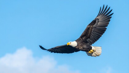 Obraz premium Majestic bald eagle soars high against a bright blue sky with soft, white clouds