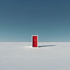 Surreal minimalist landscape with a single red door standing alone in the center of a flat, endless white snowy or salt plain beneath a clear blue sky, symbolizing opportunity or escape.
