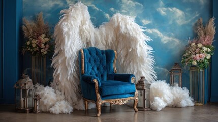 A luxurious,  elegant room setting, featuring a deep blue velvet armchair, large white angel wings, and decorative accents, evokes a sense of tranquility and sophistication.