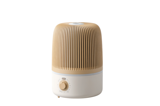 Modern beige humidifier with adjustable settings knob on white background, cut out