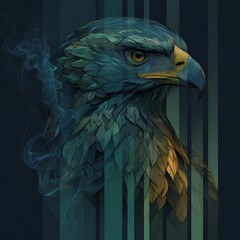 Fototapeta premium Teal Eagle Head with Fading Smoke and Vertical Stripes