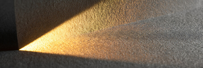 Abstract, warm-toned diagonal streak of golden sunlight across a rough, textured beige wall, creating a simple, minimal, and geometric light contrast.
