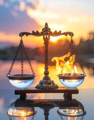 Justice scales balanced against fire at sunset over water