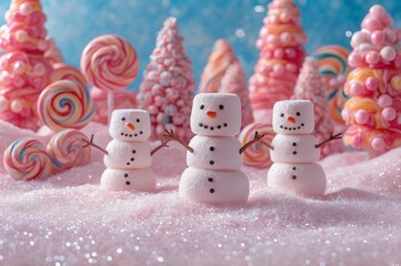 marshmallow snowmen with candy trees and lollipops in festive winter scene