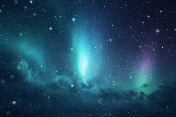 cosmic aurora lights and stars in mystical night sky with teal and purple glow
