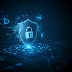 Abstract digital illustration of a glowing blue shield with a lock icon, surrounded by intricate circuit lines and data rings, symbolizing cybersecurity, digital protection, and technology security.
