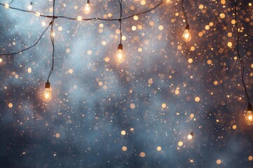 hanging incandescent light bulbs glowing warmly with bokeh and mist in festive atmosphere