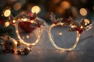 festive eyeglasses decorated with holly, berries, and string lights on holiday background