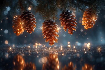 glowing pine cones hanging from tree branches with sparkles in festive winter atmosphere