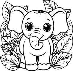 Cute baby elephant black and white line drawing vector illustration for coloring pages isolated on white background