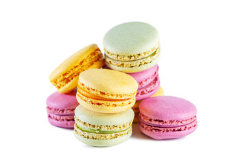 Colorful French macarons isolated on a white background.
